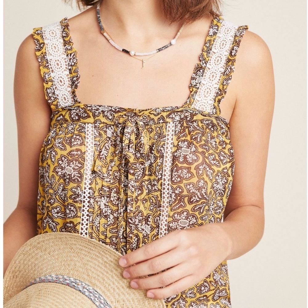 Anthropologie Mustard Floral Boho Tank Crochet Lace Strap Peasant Top Sz 12